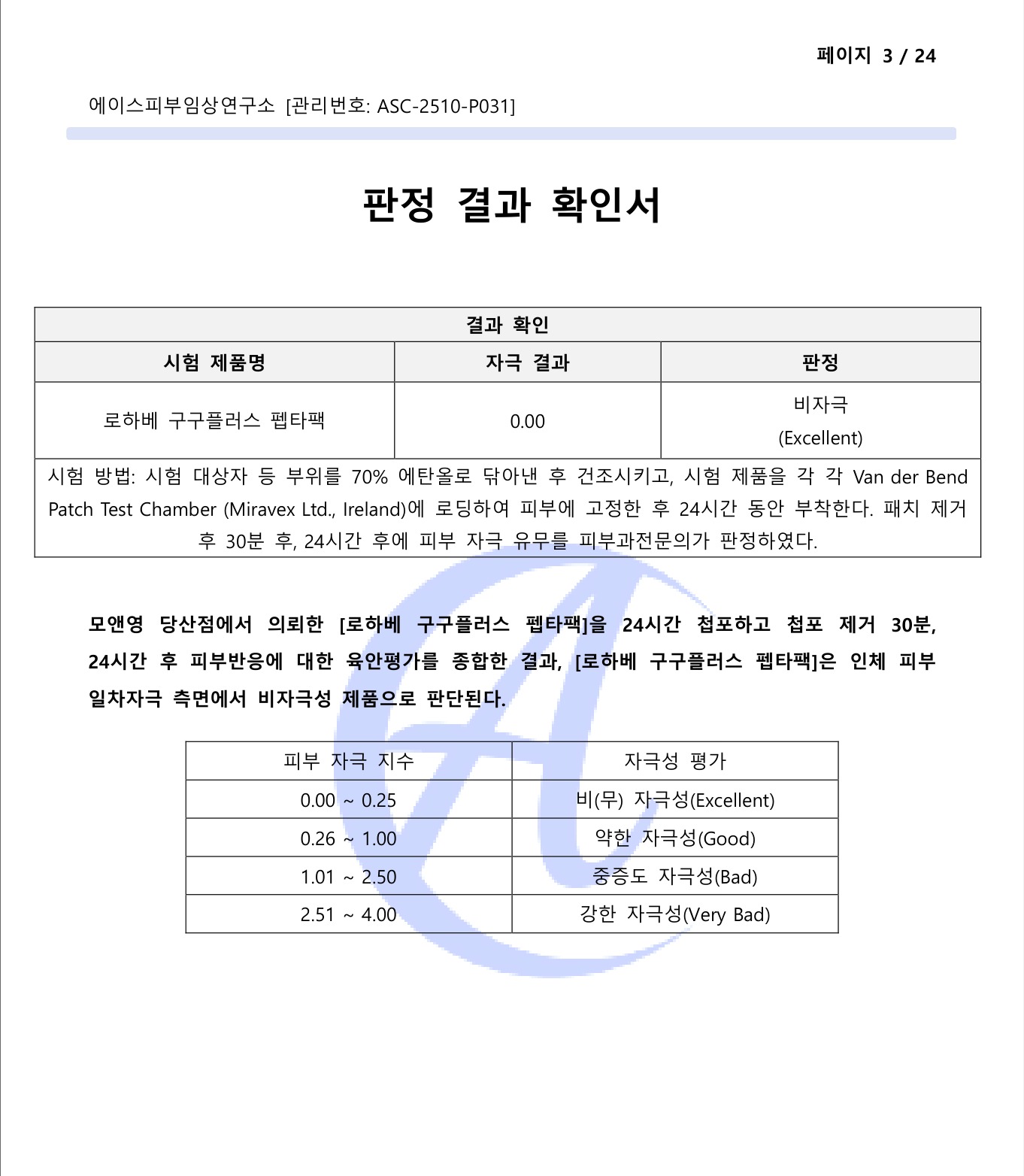 에이스피부임상연구소 판정 결과 확인서 · 로하베 구구플러스 펩타팩 (ASC-2510-P031)